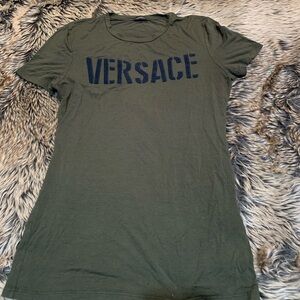 Versace olive green T-shirt with Versace spell out raised black logo. Size 40
